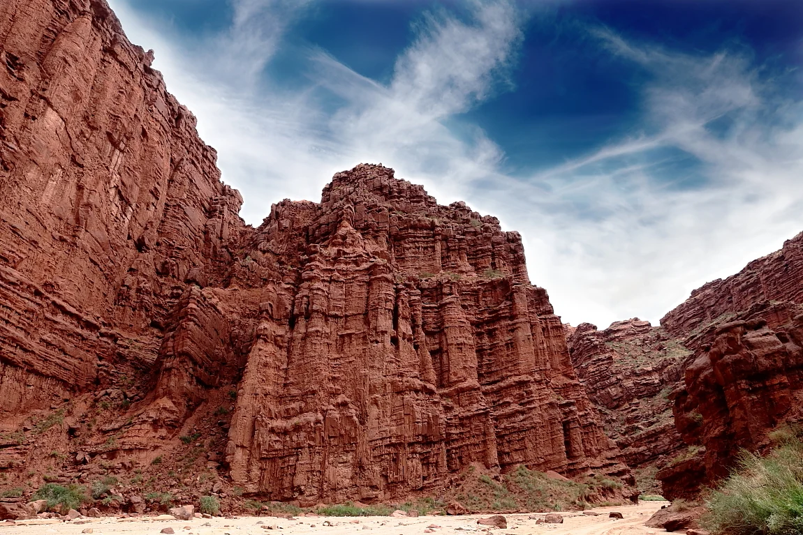 Red rock walls of the Tianshan Tomur Grand Canyon, Xinjiang